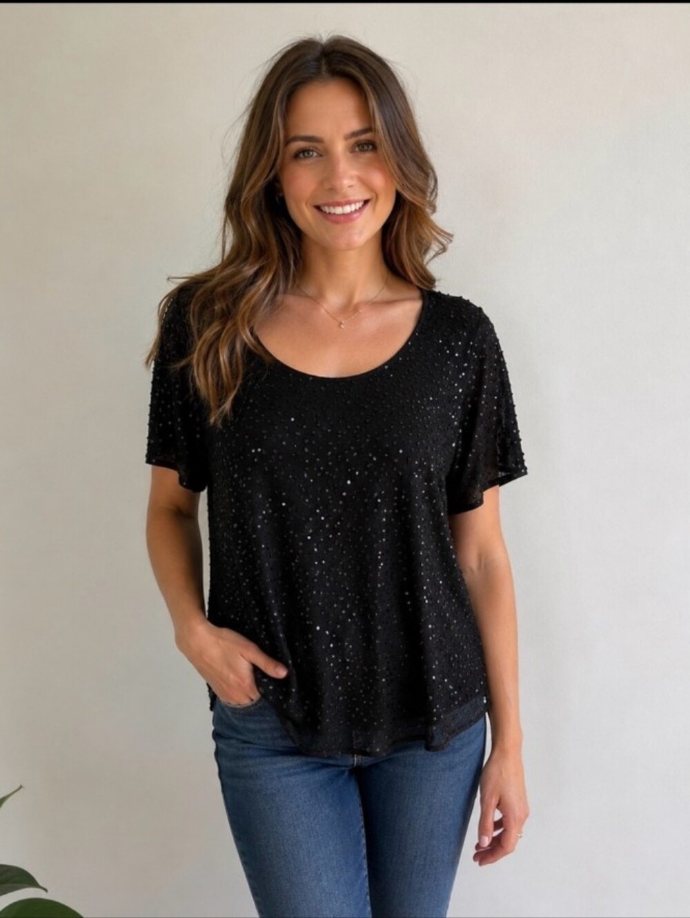 Talbots Black Sequin Short-Sleeve Scoop Neck Tee Size 18W